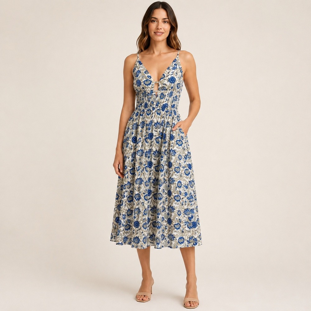 Caroline Constas Floral Smocked Midi Dress Keyhole Cotton Modal Pockets Est Sml